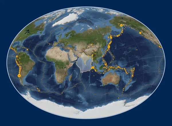 Indian tectonic plate on the Blue Marble satellite map in the Fahey Oblique projection centered meridionally and latitudinally. Locations of earthquakes above 6.5 magnitude recorded since the early 17th century