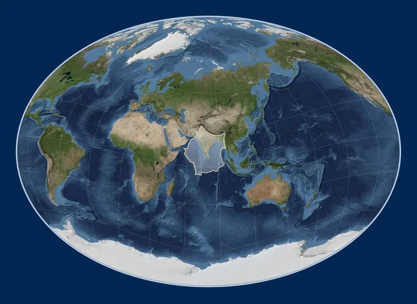 Indian tectonic plate on the Blue Marble satellite map in the Fahey Oblique projection centered meridionally and latitudinally.