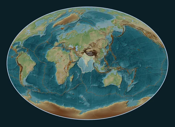 Indian tectonic plate on the Wiki style elevation map in the Fahey Oblique projection centered meridionally and latitudinally. Distribution of known volcanoes