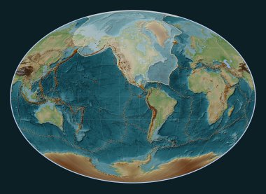 Kuzey Amerika tektonik plakası, Fahey projeksiyonunda Viki stili yükseklik haritasında meridyensel olarak ortalanmış. Bilinen volkanların dağılımı
