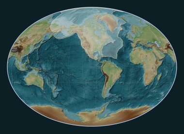 Kuzey Amerika tektonik plakası Fahey projeksiyonunun meridyen merkezli Wiki stil yükseltme haritasında. 