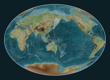 Fahey projeksiyonunda Viki stili yükseklik haritasında yer alan Okhotsk tektonik plakası meridyenik olarak ortalanmıştır. Diğer kalıpların sınırları