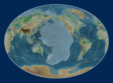 Fahey Oblique projeksiyonunun fiziksel yükseklik haritasında Pasifik tektonik plakası meridyenik ve enlektüel olarak ortalanmış. Diğer kalıpların sınırları
