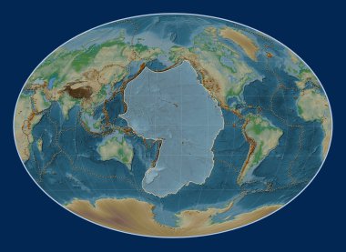 Fahey Oblique projeksiyonunun fiziksel yükseklik haritasında Pasifik tektonik plakası meridyenik ve enlektüel olarak ortalanmış. Bilinen volkanların dağılımı
