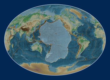 Fahey projeksiyonunun fiziksel yükseklik haritasında Pasifik tektonik plakası meridyenik olarak ortalanmış. Bilinen volkanların dağılımı