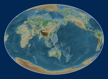 Fahey Oblique projeksiyonunun fiziksel yükseklik haritasında Filipin Denizi tektonik plakası meridyensel ve enlemsel olarak merkezlenmiştir.. 