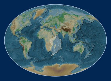 Fahey projeksiyonunun fiziksel yükseklik haritasında Somalili tektonik plaka meridyensel olarak merkezlenmiş.. 