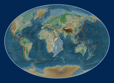 Fahey projeksiyonunun fiziksel yükseklik haritasındaki Somalili tektonik plaka meridyensel olarak ortalanmış. Bilinen volkanların dağılımı