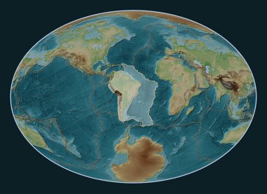 Fahey Oblique projeksiyonunun meridyen ve enlektüel olarak merkezlenmiş Wiki stil yükseltme haritasında Güney Amerika tektonik plakası. Diğer kalıpların sınırları