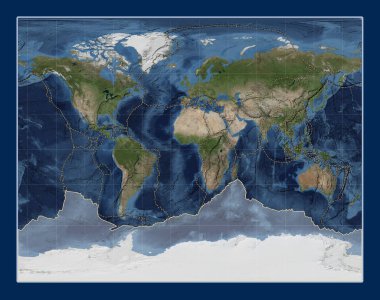 Mavi Mermer uydu haritasındaki Antarktika tektonik plakası Gall Stereografik projeksiyonunun meridyen merkezinde. Diğer kalıpların sınırları