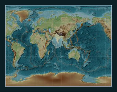 Gall Stereografik projeksiyonunun meridyen merkezli Wiki stil yükseltme haritasında Hint tektonik plakası. Bilinen volkanların dağılımı