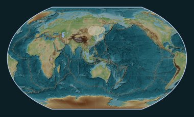 Kavrayskiy VII projeksiyonunun meridyen merkezli Viki stil yükseltme haritasında Amur tektonik plakası. Diğer kalıpların sınırları