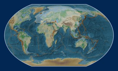 Kavrayskiy VII projeksiyonunun fiziksel yükseklik haritasındaki Avrasya tektonik plakası meridyensel olarak ortalanmıştır. Bilinen volkanların dağılımı