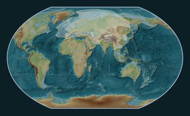 Kavrayskiy VII projeksiyonunun meridyen merkezli Viki stil yükseltme haritasında Avrasya tektonik plakası. 