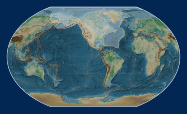 Kavrayskiy 7 projeksiyonunun fiziksel yükseklik haritasındaki Kuzey Amerika tektonik plakası meridyensel olarak ortalanmıştır. Bilinen volkanların dağılımı