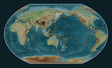 Kavrayskiy VII projeksiyonunun meridyen merkezli Viki stil yükseltme haritasında Okhotsk tektonik plakası. Bilinen volkanların dağılımı