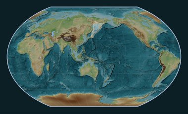 Kavrayskiy VII projeksiyonunun meridyen merkezli Viki stil yükseltme haritasında Okhotsk tektonik plakası. 