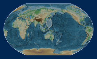 Kavrayskiy VII projeksiyonunun fiziksel yükseklik haritasında Filipin Denizi tektonik plakası meridyen merkezli. 