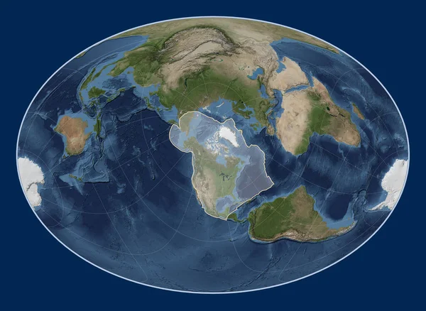 North American tectonic plate on the Blue Marble satellite map in the Fahey Oblique projection centered meridionally and latitudinally.