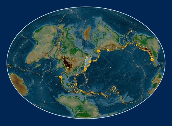 Okhotsk Tectonic Plate Physical Elevation Map Fahey Oblique Projection Centered — Stock Photo, Image