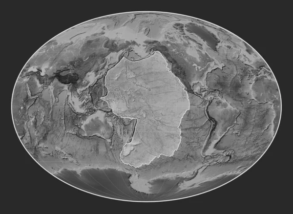 Pacific tectonic plate on the grayscale elevation map in the Fahey Oblique projection centered meridionally and latitudinally.