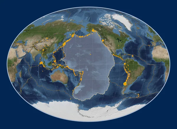 Pacific tectonic plate on the Blue Marble satellite map in the Fahey Oblique projection centered meridionally and latitudinally. Locations of earthquakes above 6.5 magnitude recorded since the early 17th century