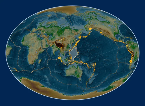 Philippine Sea tectonic plate on the physical elevation map in the Fahey Oblique projection centered meridionally and latitudinally. Locations of earthquakes above 6.5 magnitude recorded since the early 17th century