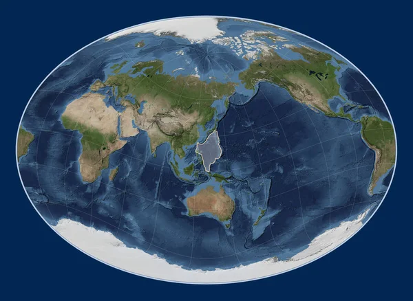Philippine Sea tectonic plate on the Blue Marble satellite map in the Fahey Oblique projection centered meridionally and latitudinally.