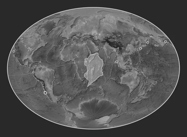 Somalian tectonic plate on the grayscale elevation map in the Fahey Oblique projection centered meridionally and latitudinally. Locations of earthquakes above 6.5 magnitude recorded since the early 17th century