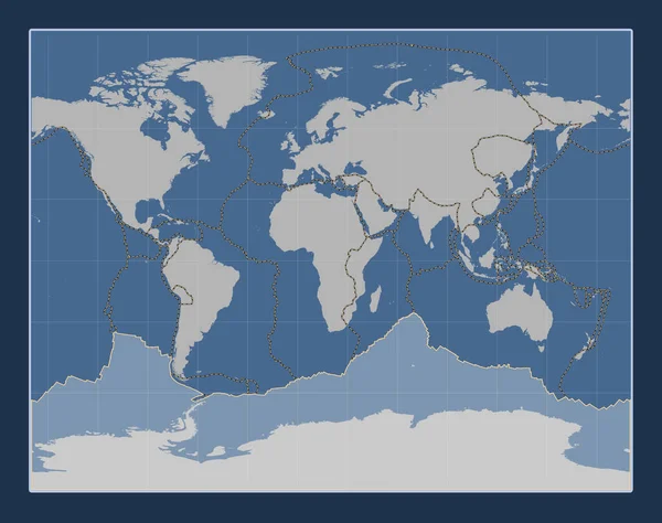 在高尔立体投影的固体等高线图上 南极洲板块以经线为中心 其他板块的边界 — 图库照片