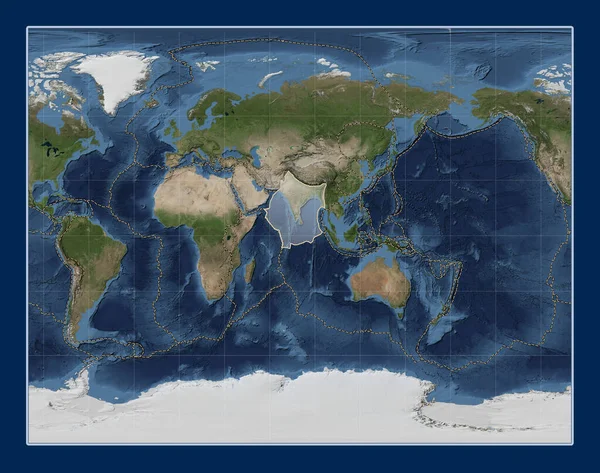 Indyjska Płyta Tektoniczna Mapie Satelitarnej Blue Marble Projekcji Gall Stereographic — Zdjęcie stockowe