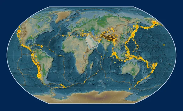 Arabian tectonic plate on the physical elevation map in the Kavrayskiy VII projection centered meridionally. Locations of earthquakes above 6.5 magnitude recorded since the early 17th century