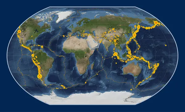 Arabian tectonic plate on the Blue Marble satellite map in the Kavrayskiy VII projection centered meridionally. Locations of earthquakes above 6.5 magnitude recorded since the early 17th century