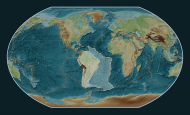 Kavrayskiy VII projeksiyonunun meridyen merkezli Wiki stil yükseltme haritasında Güney Amerika tektonik plakası. Diğer kalıpların sınırları