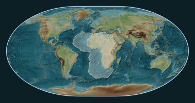 Loximuthal projeksiyon merkezli Wiki stil yükseltme haritasında Afrika tektonik plakası. Diğer kalıpların sınırları