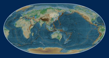 Loximuthal projeksiyon merkezli fiziksel yükseklik haritasında Amur tektonik plakası. Bilinen volkanların dağılımı