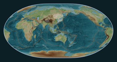 Loximuthal projeksiyon merkezli Wiki stil yükseltme haritasında Amur tektonik plakası. Diğer kalıpların sınırları