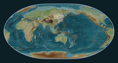 Loximuthal projeksiyon merkezli Wiki stil yükseltme haritasında Amur tektonik plakası. Bilinen volkanların dağılımı