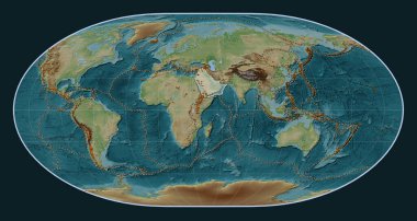 Loximuthal projeksiyonunun meridyen merkezli Wiki stil yükseltme haritasında Arap tektonik plakası. Bilinen volkanların dağılımı