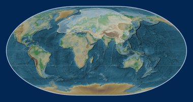 Loximuthal projeksiyon merkezli fiziksel yükseklik haritasında Avrasya tektonik plakası. 