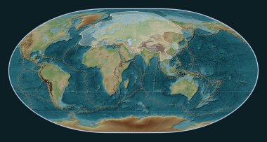 Loximuthal projeksiyon merkezli Wiki stil yükseltme haritasında Avrasya tektonik plakası. Diğer kalıpların sınırları