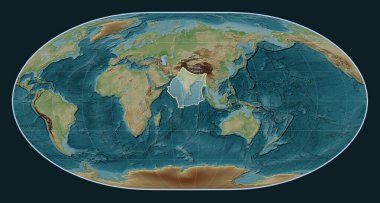 Loximuthal projeksiyon merkezli Wiki stil yükseltme haritasında Hint tektonik plakası. 