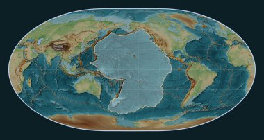 Loximuthal projeksiyon merkezli Wiki stil yükseltme haritasında Pasifik tektonik plakası. Bilinen volkanların dağılımı