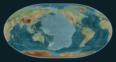 Loximuthal projeksiyon merkezli Wiki stil yükseltme haritasında Pasifik tektonik plakası. Diğer kalıpların sınırları