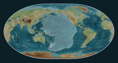 Loximuthal projeksiyon merkezli Wiki tarzı yükseklik haritasında Pasifik tektonik plakası. 