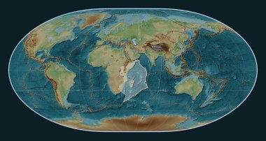 Loximuthal projeksiyon merkezli Wiki stil yükseltme haritasında Somalili tektonik plaka. Bilinen volkanların dağılımı