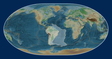 Loximuthal projeksiyon merkezli fiziksel yükseklik haritasında Güney Amerika tektonik plakası. Diğer kalıpların sınırları