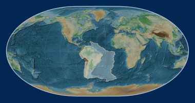 Loximuthal projeksiyon merkezli fiziksel yükseklik haritasında Güney Amerika tektonik plakası. 