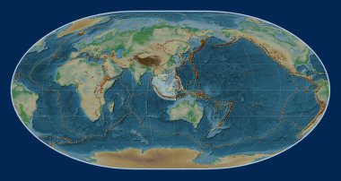 Loximuthal projeksiyon merkezli fiziksel yükseklik haritasında Sunda tektonik plakası. Bilinen volkanların dağılımı