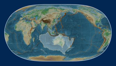 Doğal Dünya II projeksiyonunun meridyen merkezli fiziksel yükseklik haritasında Avustralya tektonik plakası. Bilinen volkanların dağılımı